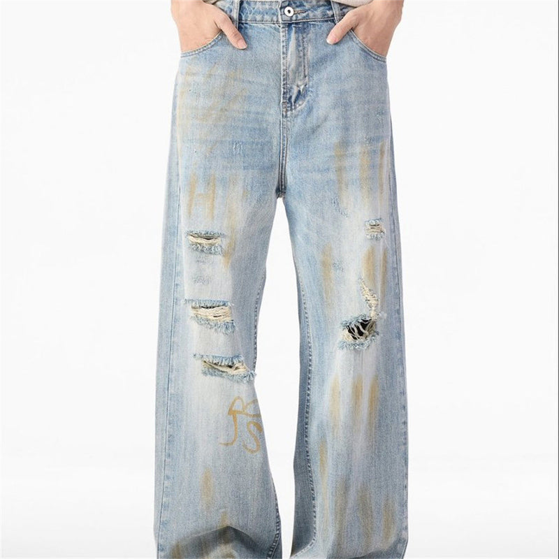 Ripped Wide-Leg Jeans – Men's Mud-Dye Distressed Straight Denim