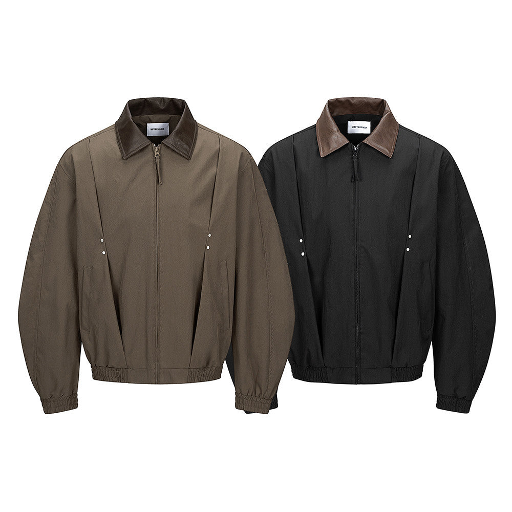 Men's Pleated Bomber Jacket with PU Leather Collar — Relaxed Fit Workwear Flight