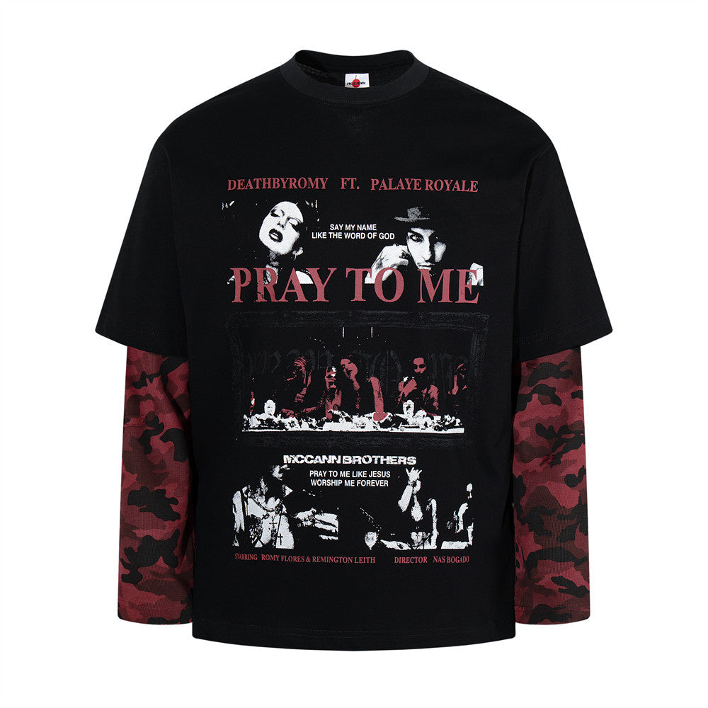 Men's black oversized long sleeve t-shirt with red camouflage sleeves and Pray To Me rock graphic print on the front
