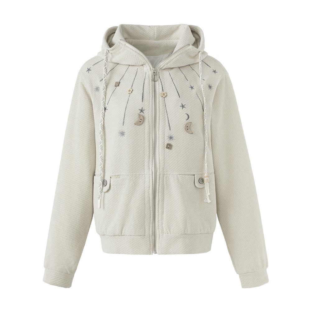Celestial Embroidered Zip-Up Hoodie – Waffle Knit Oversized Jacket with Moon &