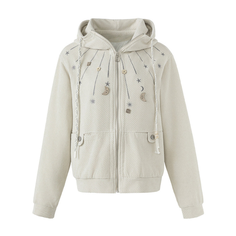 Celestial Embroidered Zip-Up Hoodie – Waffle Knit Oversized Jacket with Moon &