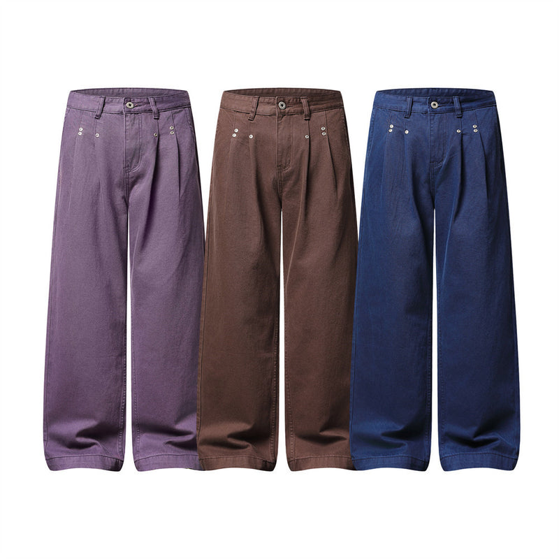 Wide-Leg Pleated Trousers – Men's High-Street Solid Color Straight-Cut Pants