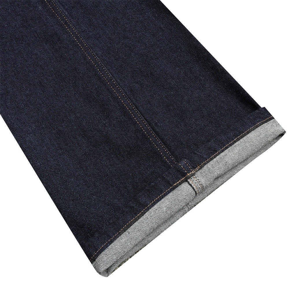 Jean homme coupe ample – Denim brut à double ceinture avec empiècements effilochés &