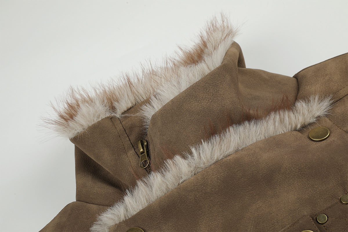 Faux Suede Shearling-Lined Moto Jacket with Buckle Straps