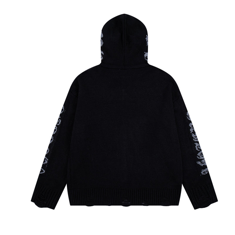 Sudadera de punto con cremallera y cruz gótica – Cárdigan de streetwear americano desgastado