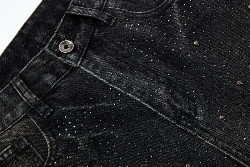 Men's Relaxed Fit Jeans – Washed Black Straight-Leg Rhinestone Star Denim