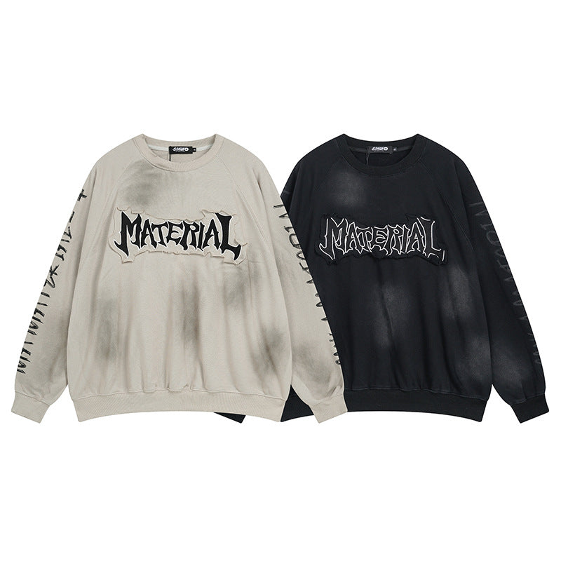 Men's Crew Neck Sweater Washed Distressed 'Material' Graphic Patch Sweatshirt