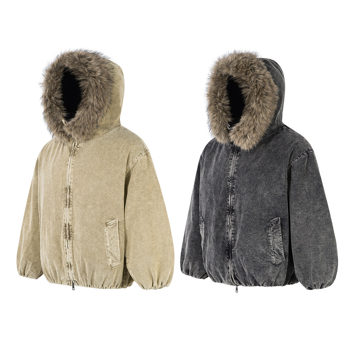 Corduroy Padded Jacket with Faux Fur Hood – Oversized Washed Winter Coat