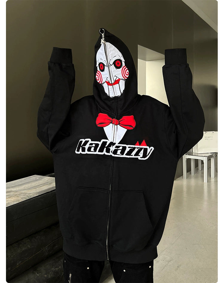 Saw-Inspired Hoodie - 400GSM Oversized Black Zip-Up Horror Movie Sweatshirt