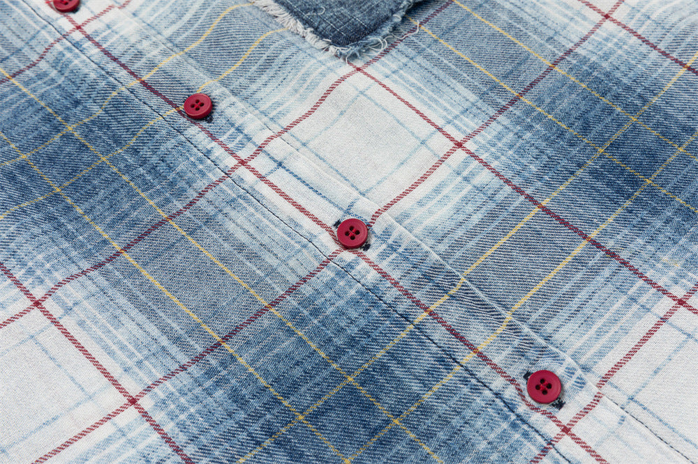 Oversized Washed Plaid Long Sleeve Shirt with Denim Patch Detail