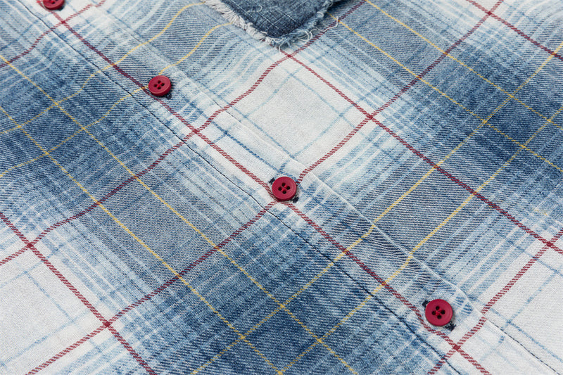Oversized Washed Plaid Long Sleeve Shirt with Denim Patch Detail