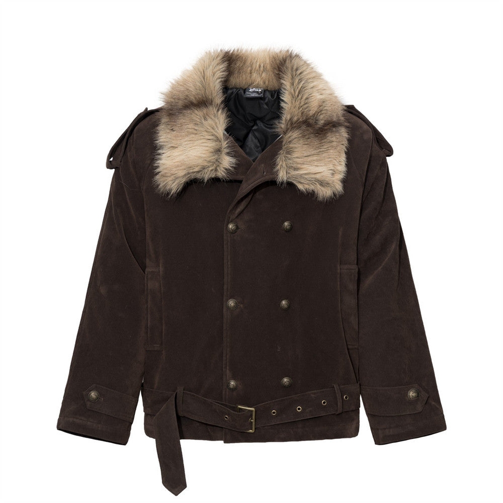 Men's dark brown double-breasted padded jacket with faux fur collar and antique brass buttons, front and back view