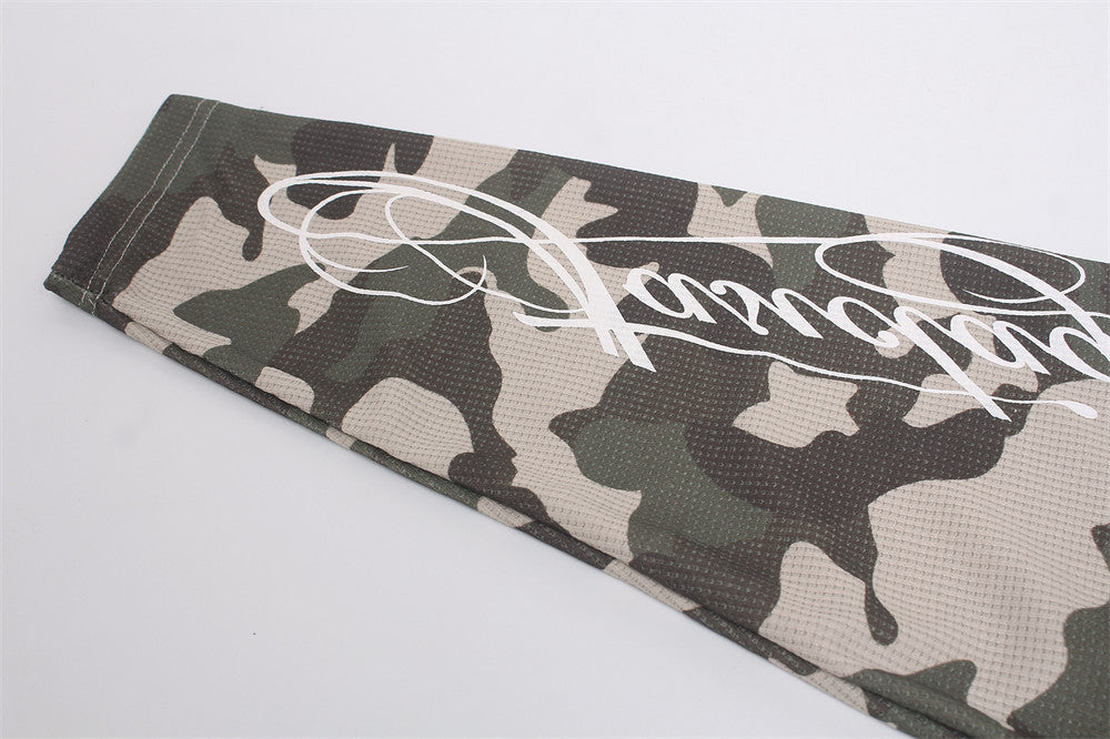 Long Sleeve Waffle Knit Shirt – Camo Raglan Sleeves & Graphic Print