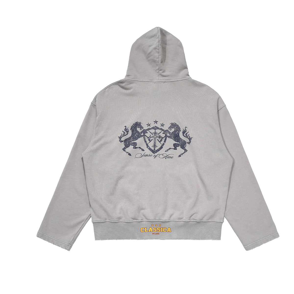 Zip-Up Cropped Hoodie Acid Wash Heraldic Crest Streetwear