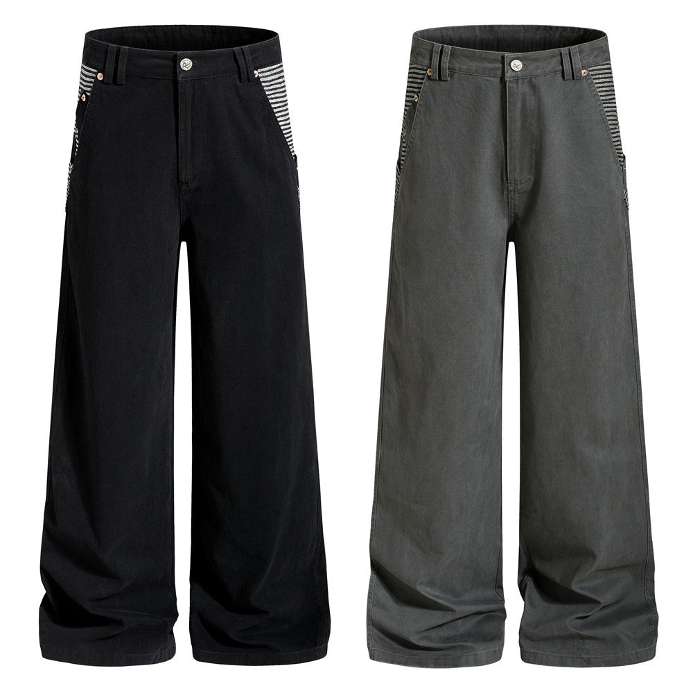 Men's wide-leg straight cargo trousers with contrast horizontal stripe pocket panels in washed black and charcoal grey