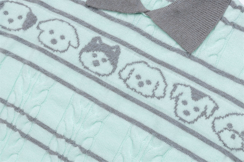 Gestreifter Zopfstrickpullover mit Polokragen – Cartoon-Hunde-Jacquard
