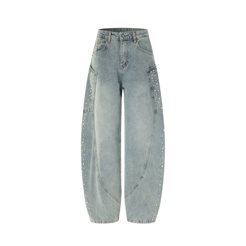 Pearl-Studded Wide-Leg Denim Cargo Jeans – Vintage Washed Scimitar Cut