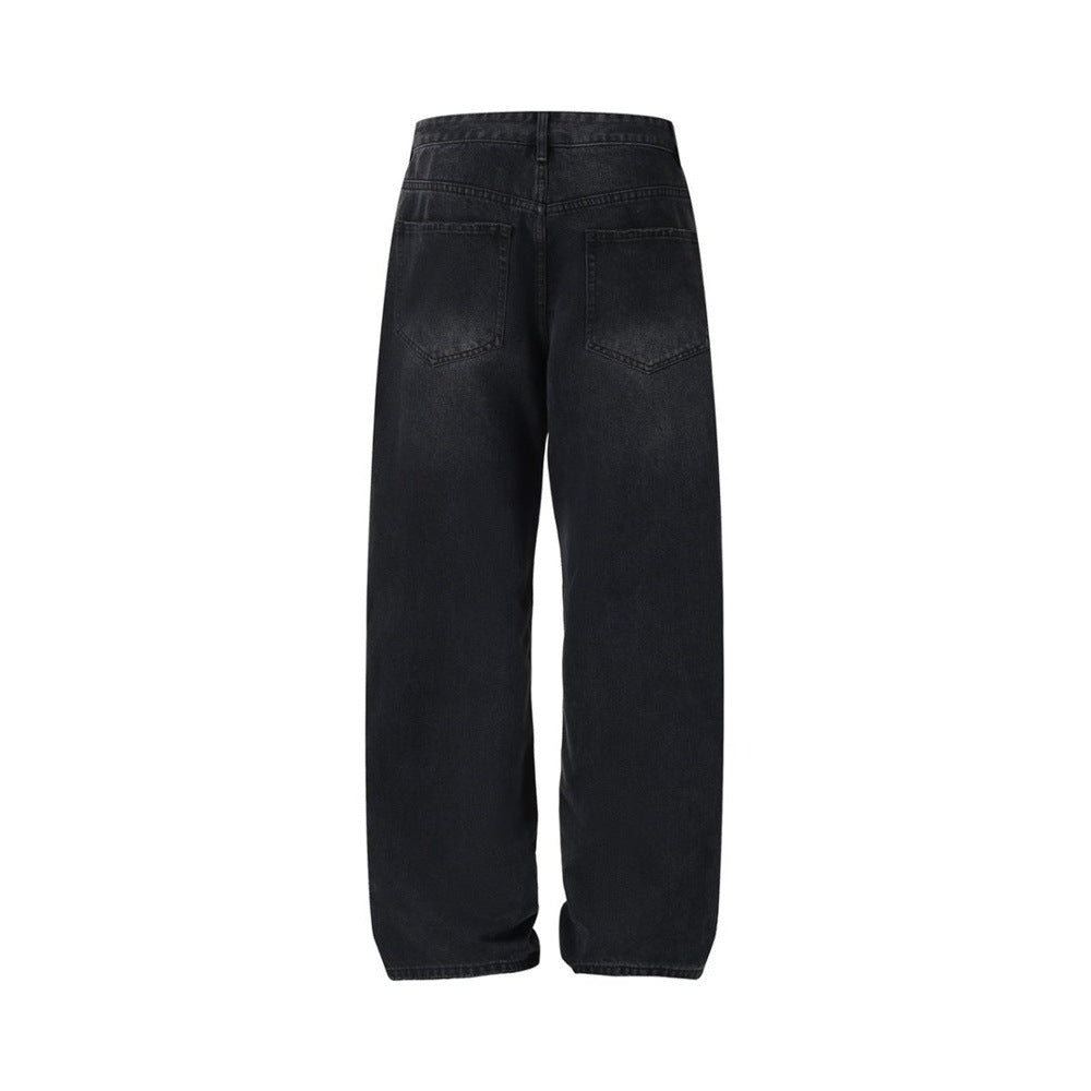 Back view of black wide-leg jeans with wide straight legs and five-pocket style