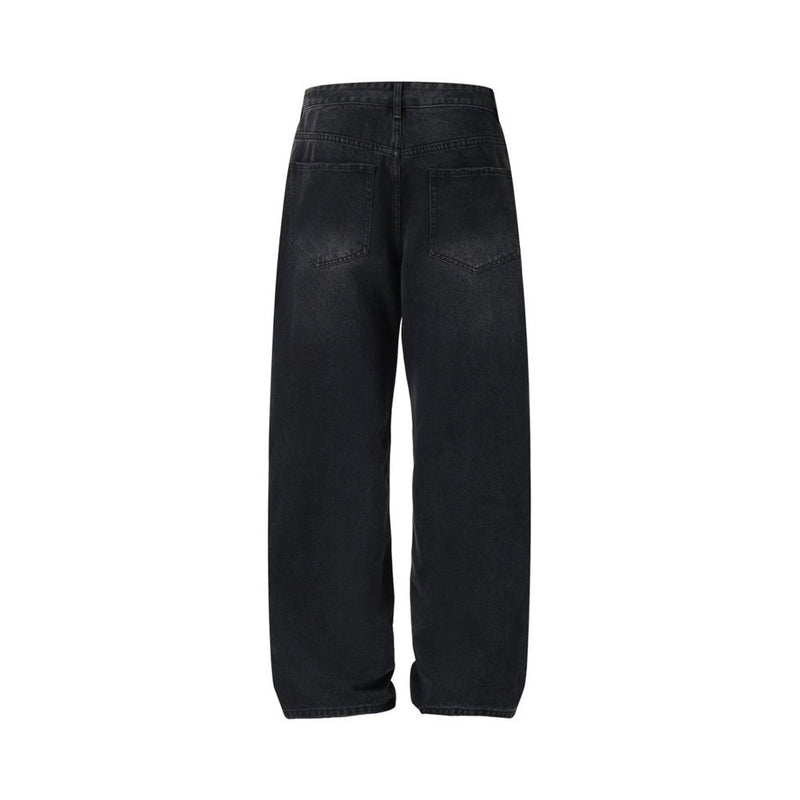 Back view of black wide-leg jeans with wide straight legs and five-pocket style
