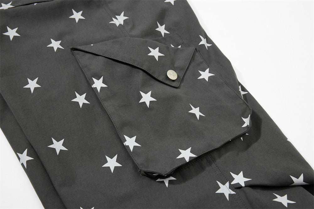Star Print Wide-Leg Cargo Pants – Relaxed Fit Parachute Trousers