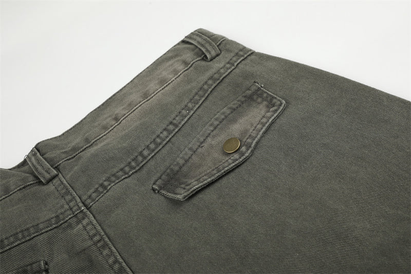 Wide-Leg Cargo Pants – Washed Denim Multi-Pocket Straight-Cut Trousers