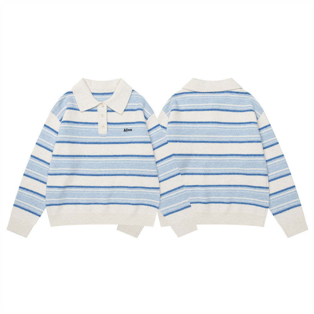 Striped Polo Collar Knit Sweater – Blue & White Horizontal Stripe Pullover