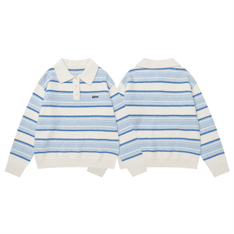 Striped Polo Collar Knit Sweater – Blue & White Horizontal Stripe Pullover