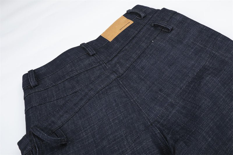 Wide-Leg Jeans with Irregular Spliced Waistband and Double Pleats
