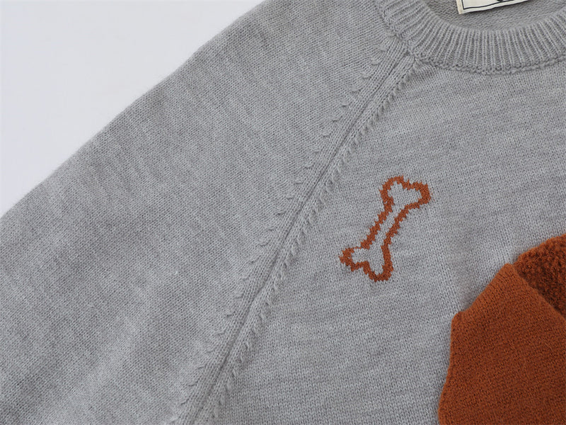 Cartoon Dog Jacquard Crew Neck Sweater – Oversized Knit Pullover