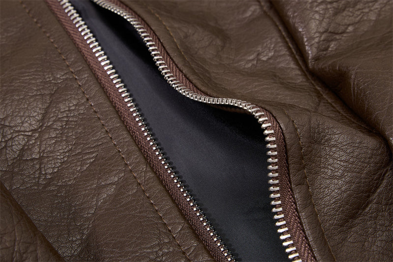 Men's Oversized PU Leather Bomber Jacket – Stand Collar Double-Breasted Snap