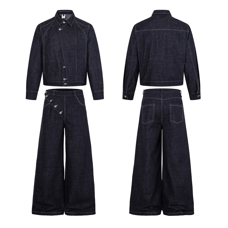 Vaqueros baggy de pierna ancha, lavado oscuro, bragueta diagonal de botones y denim crudo