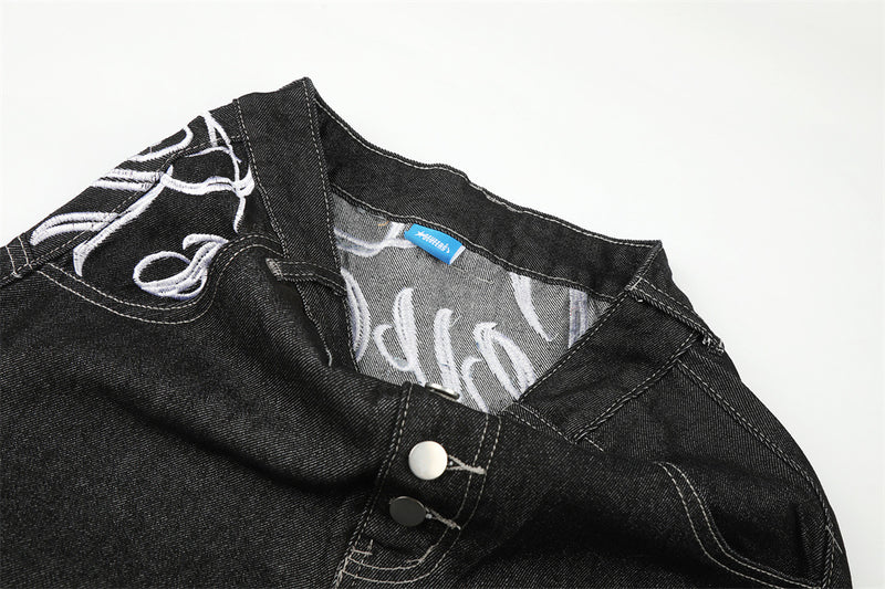 Men's Wide-Leg Jeans – Loose Fit Dark Black Denim with Back Script Embroidery &