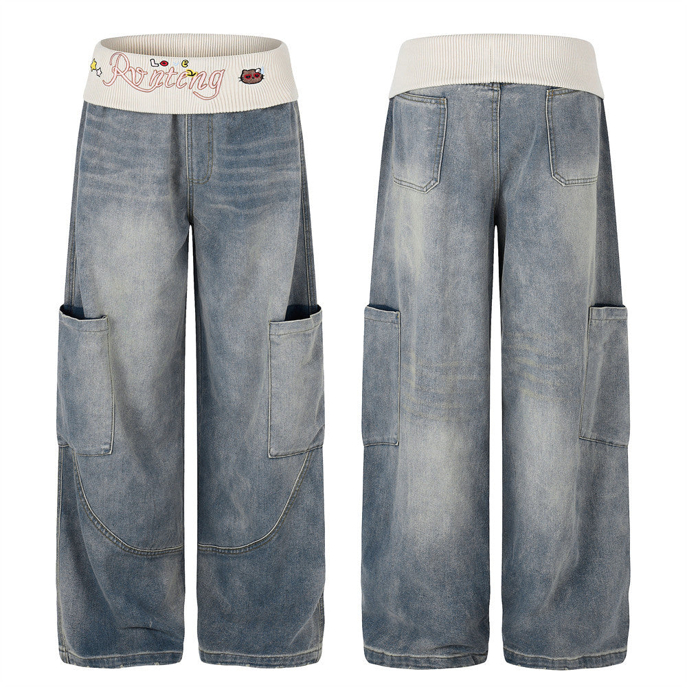 Vaqueros cargo de pierna ancha para hombre: denim lavado con cintura de punto y bolsillos laterales