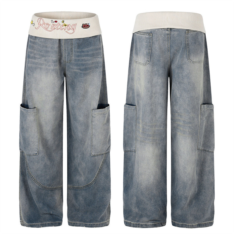 Vaqueros cargo de pierna ancha para hombre: denim lavado con cintura de punto y bolsillos laterales