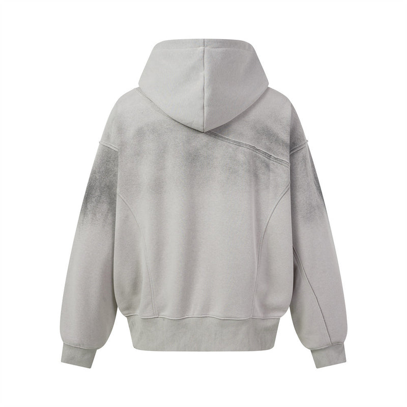 Sweat à capuche oversize zippé – Finition délavée usée, poches à multiples zips et bords bruts