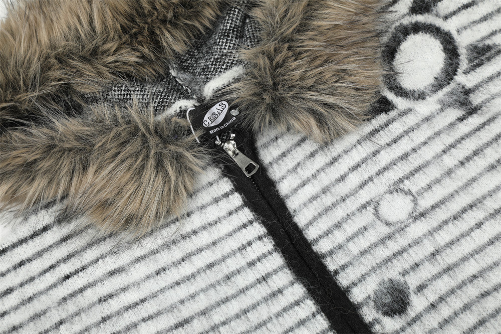 Striped Fur-Trim Zip-Up Knit Hoodie with Star & Circle Print