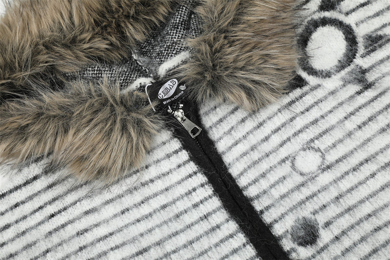 Striped Fur-Trim Zip-Up Knit Hoodie with Star & Circle Print
