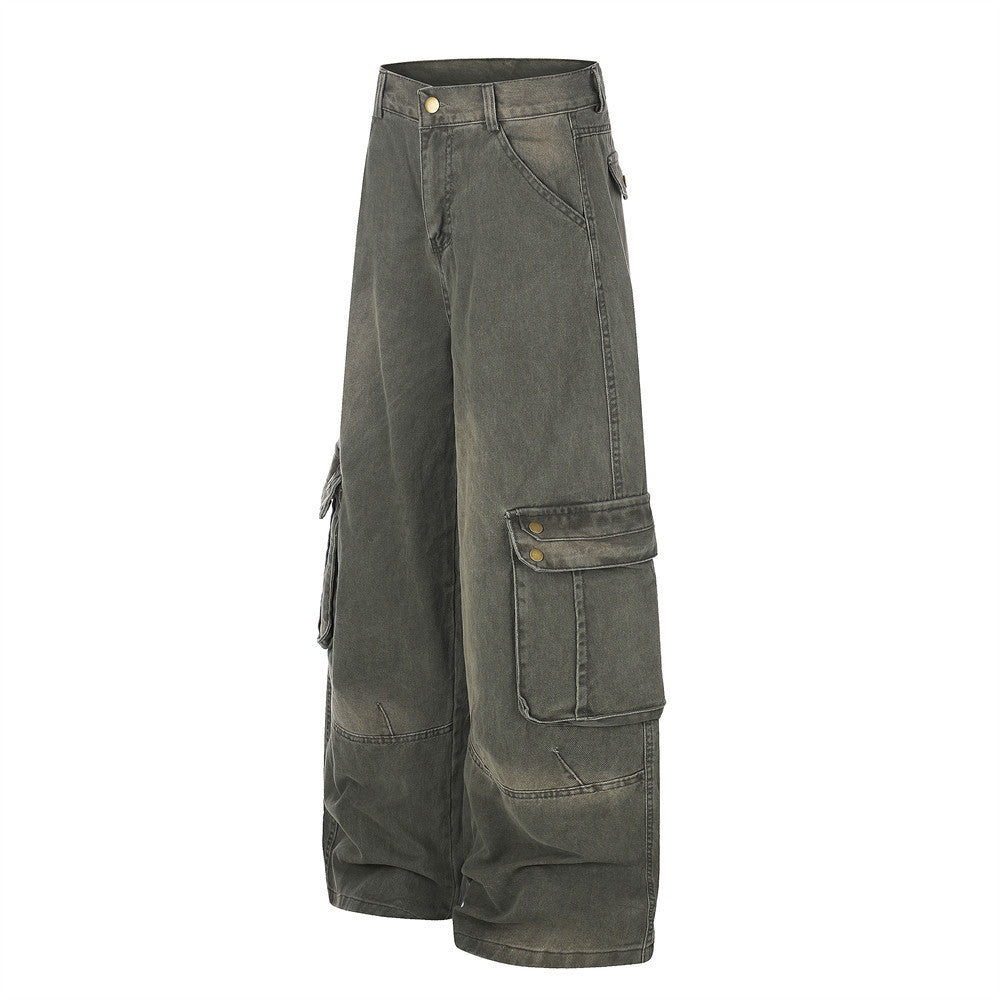 Wide-Leg Cargo Pants – Washed Denim Multi-Pocket Straight-Cut Trousers