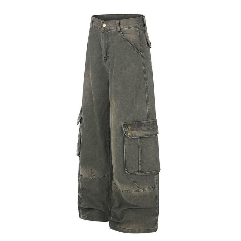 Wide-Leg Cargo Pants – Washed Denim Multi-Pocket Straight-Cut Trousers
