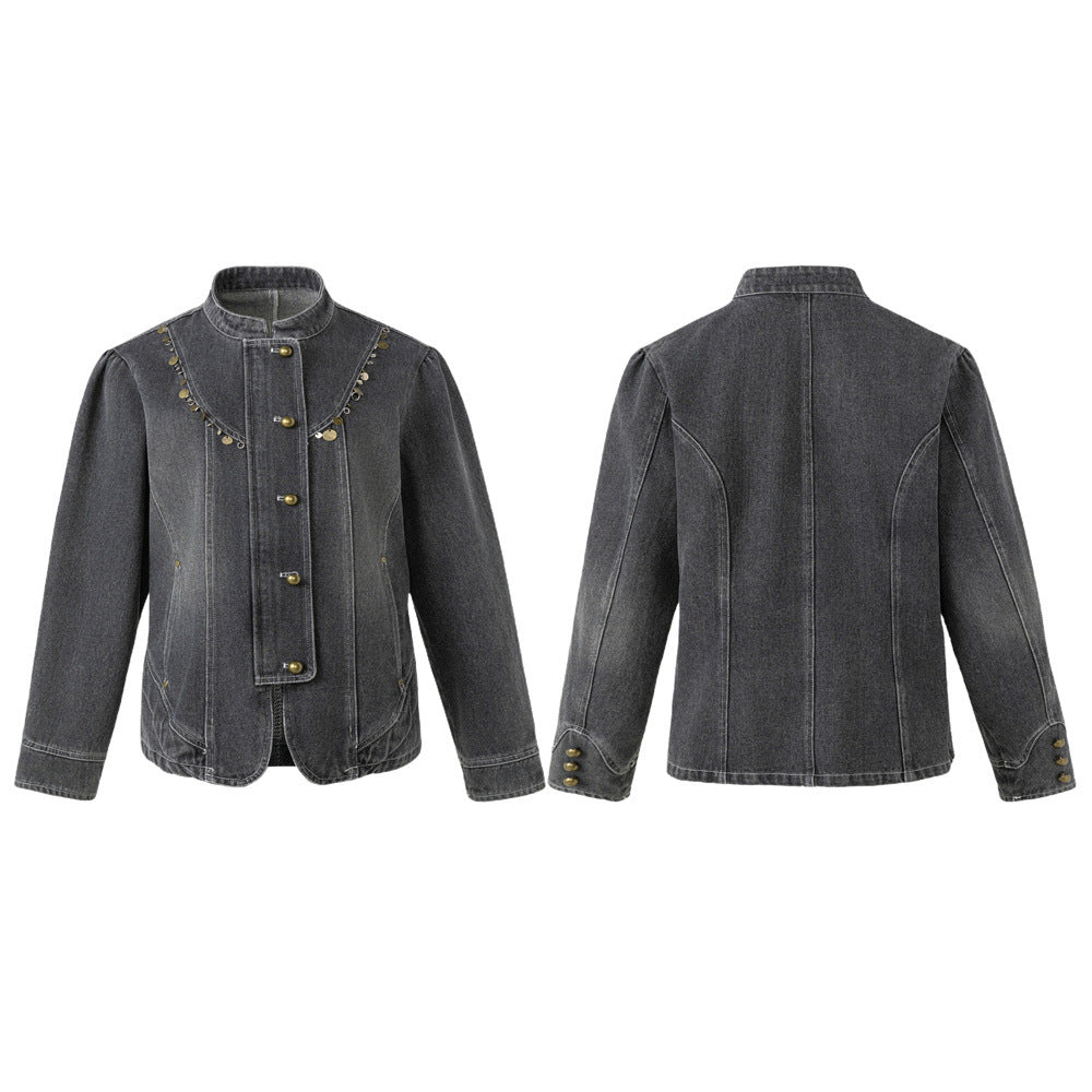 Men's Washed Denim Jacket with Metal Coin Chain Trim & Brass Buttons — Punk