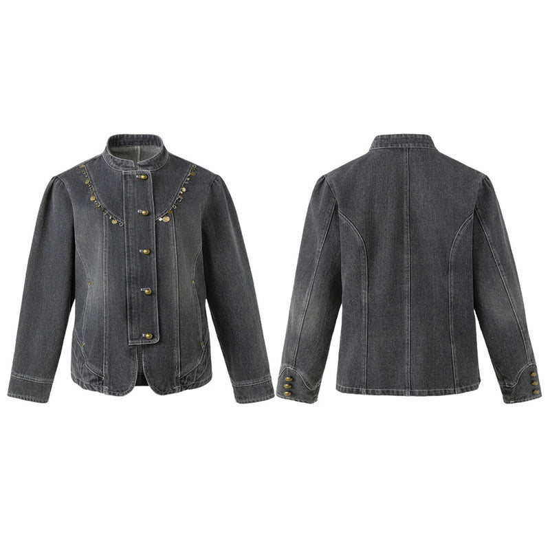 Men's Washed Denim Jacket with Metal Coin Chain Trim & Brass Buttons — Punk
