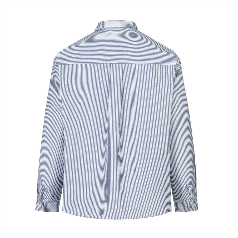 Back view of a blue and white striped long sleeve button-up shirt