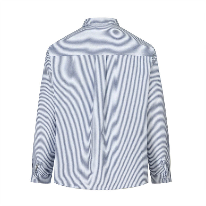 Back view of a blue and white striped long sleeve button-up shirt
