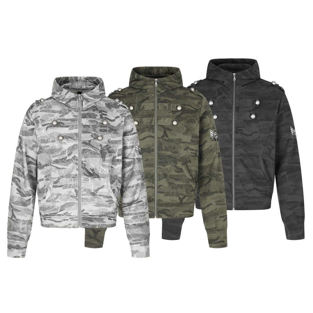 Punk vintage camouflage zip-up hoodie jacket with silver dome buttons and military epaulette detail in light grey camo