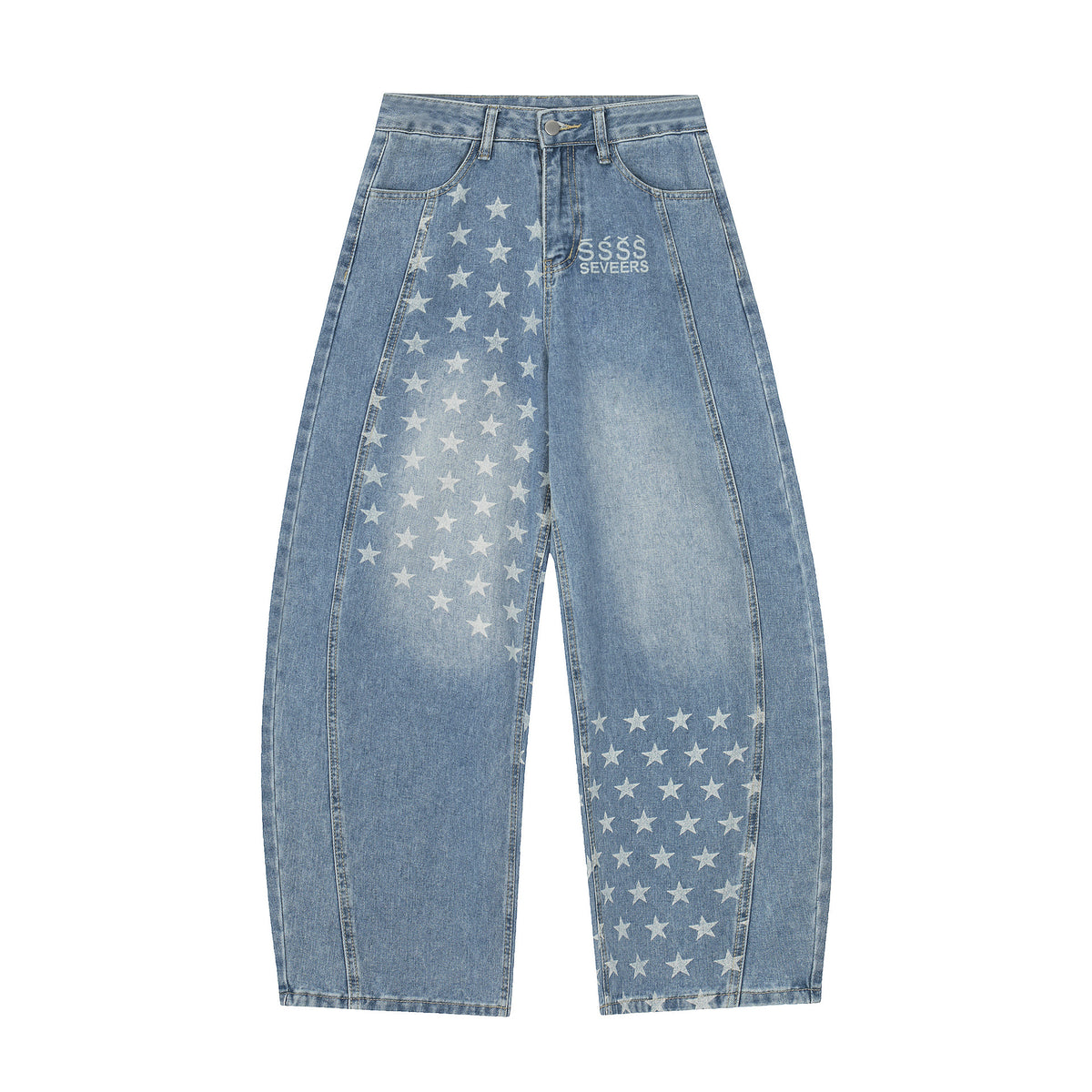 Baggy wide-leg jeans with all-over star print in washed blue denim, front and back view