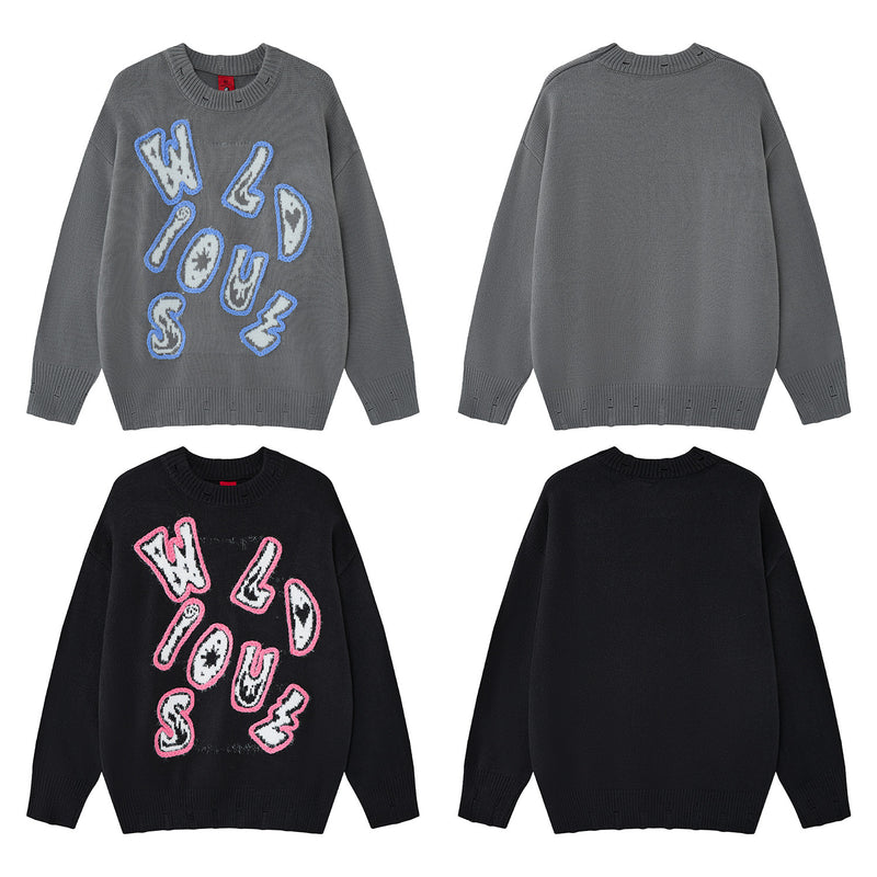 Pull en maille à lettres graffiti Wild Soul – Col rond oversize, style vintage américain