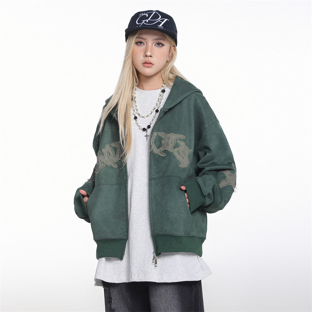 Baggy Zip Up Hoodie with Letter Appliqué — Oversized Streetwear Zip Hoodie