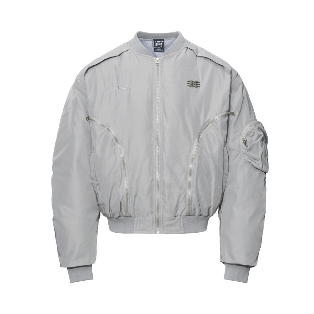 Men's Oversized Padded Bomber Jacket with Ruched Sleeves & Multi-Zip Detail