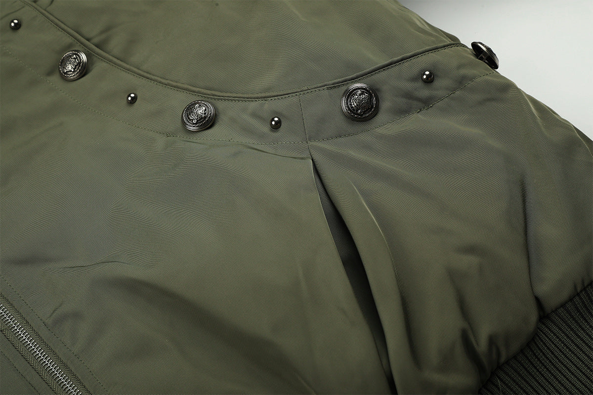 Fur-Trim Hood Bomber Jacket – Padded Winter Flight Coat with Double-Breasted