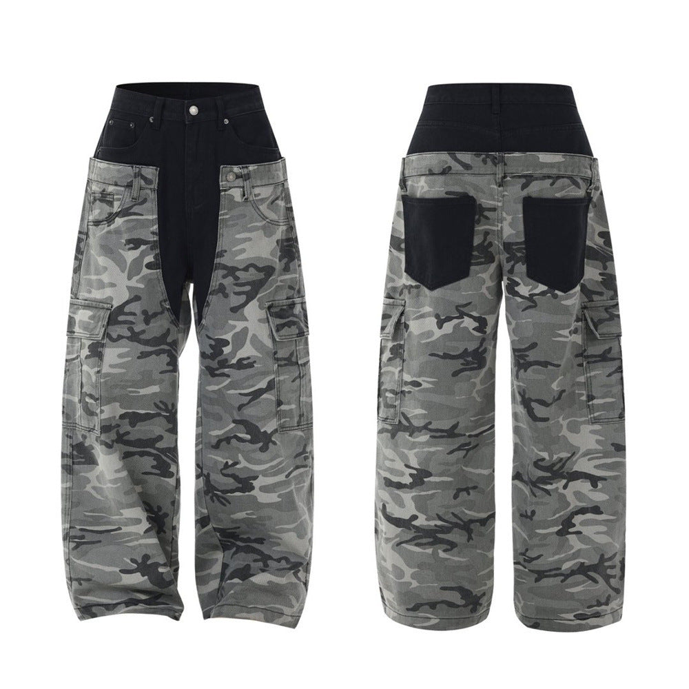 Men's grey-black camouflage faux two-piece baggy wide-leg cargo pants with black denim upper panel and side cargo pockets